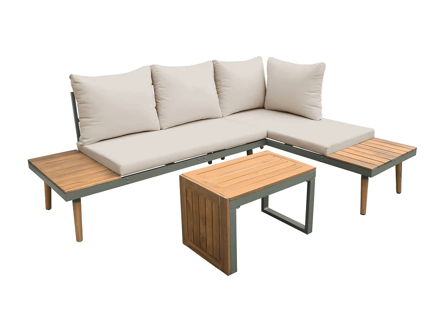 Salon de jardin kaki foncé. modulable en aluminium et bois d'acacia. 4 places. Sao Paulo.140 x 68 x 65cm