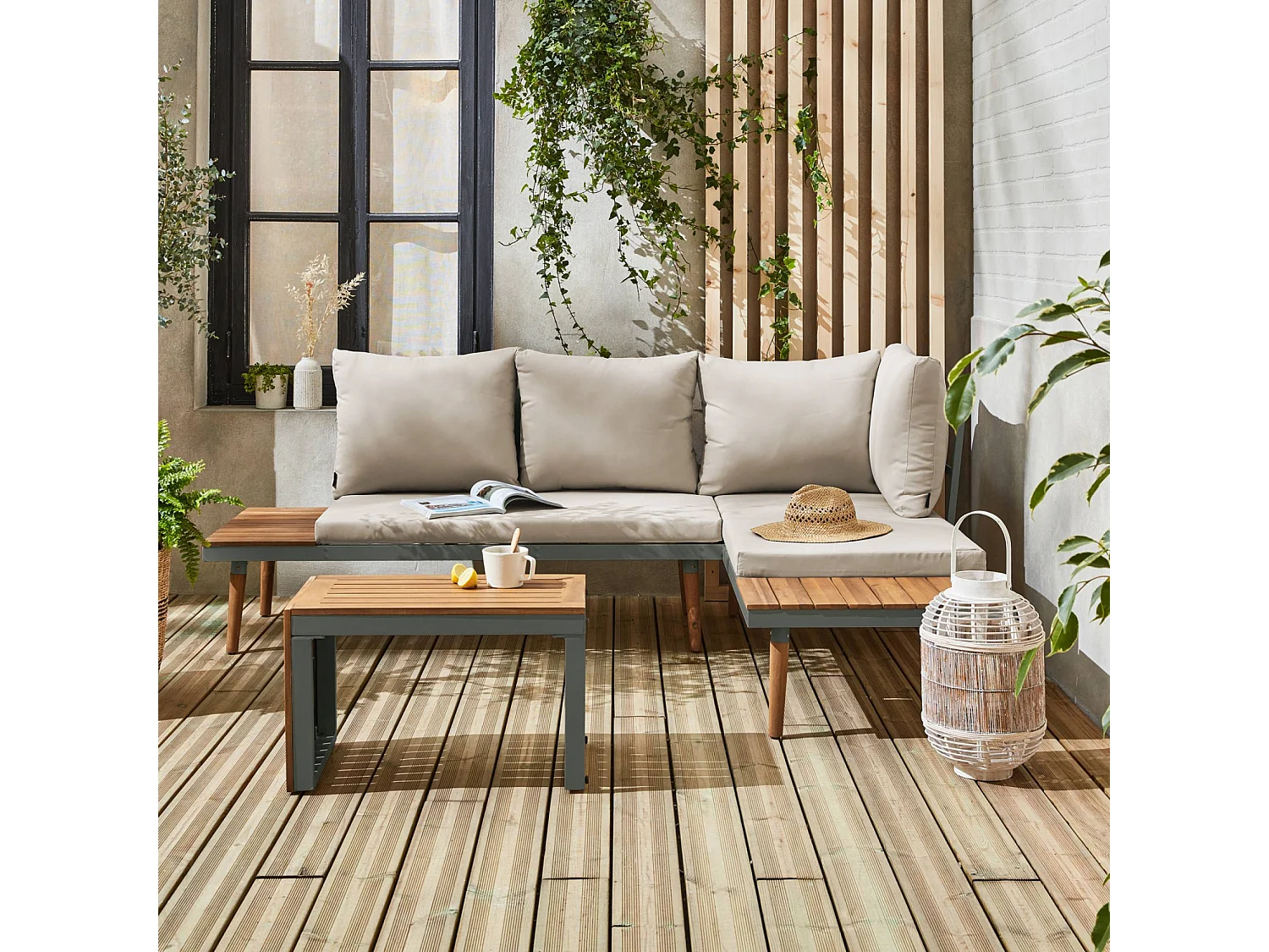 Salon de jardin kaki foncé. modulable en aluminium et bois d'acacia. 4 places. Sao Paulo.140 x 68 x 65cm