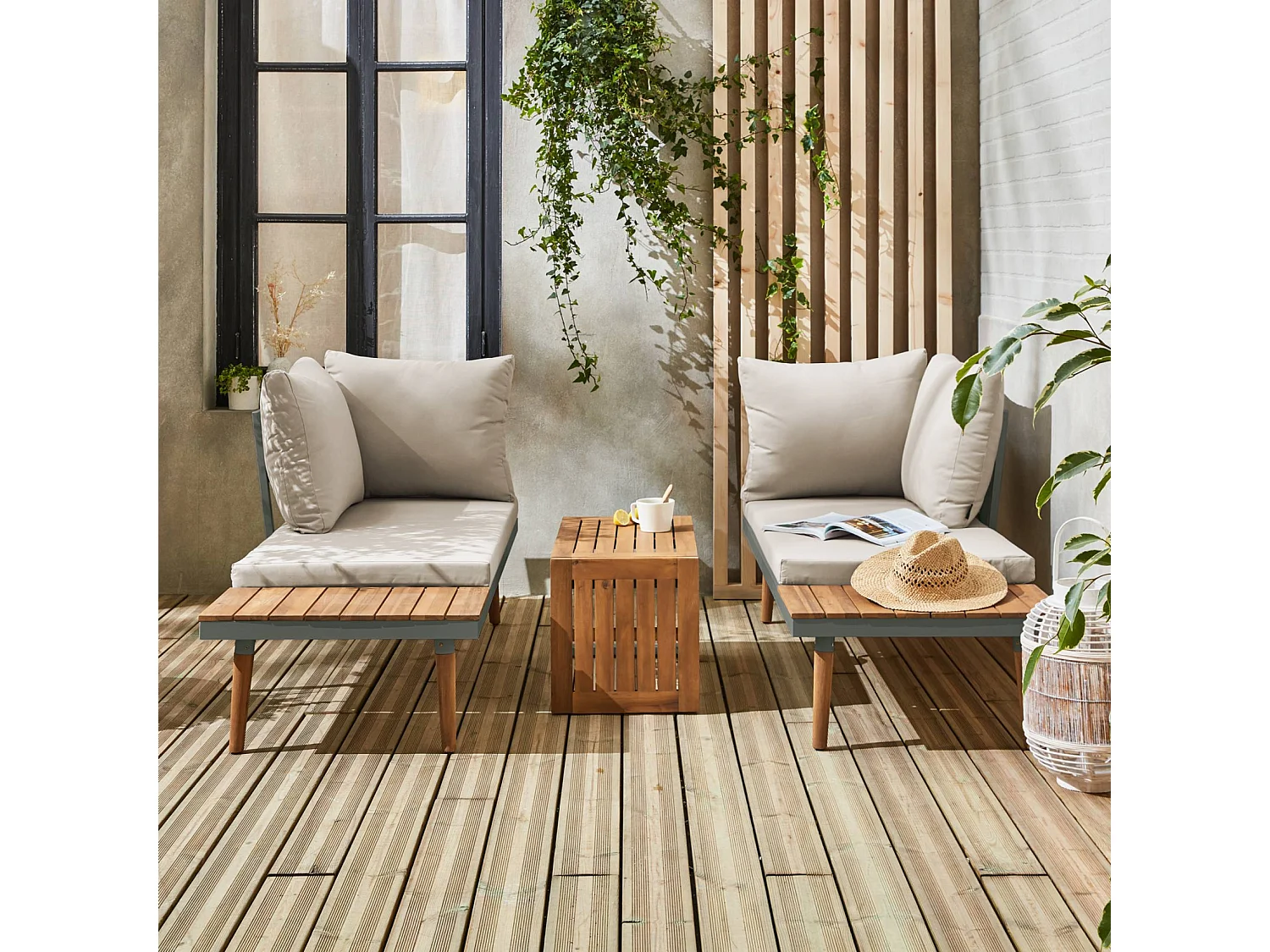 Salon de jardin kaki foncé. modulable en aluminium et bois d'acacia. 4 places. Sao Paulo.140 x 68 x 65cm