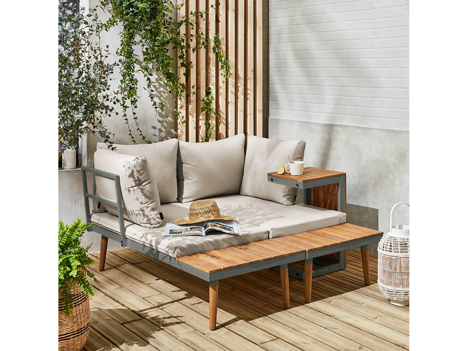 Salon de jardin kaki foncé. modulable en aluminium et bois d'acacia. 4 places. Sao Paulo.140 x 68 x 65cm