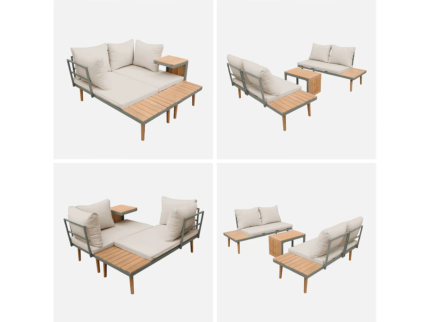 Salon de jardin kaki foncé. modulable en aluminium et bois d'acacia. 4 places. Sao Paulo.140 x 68 x 65cm