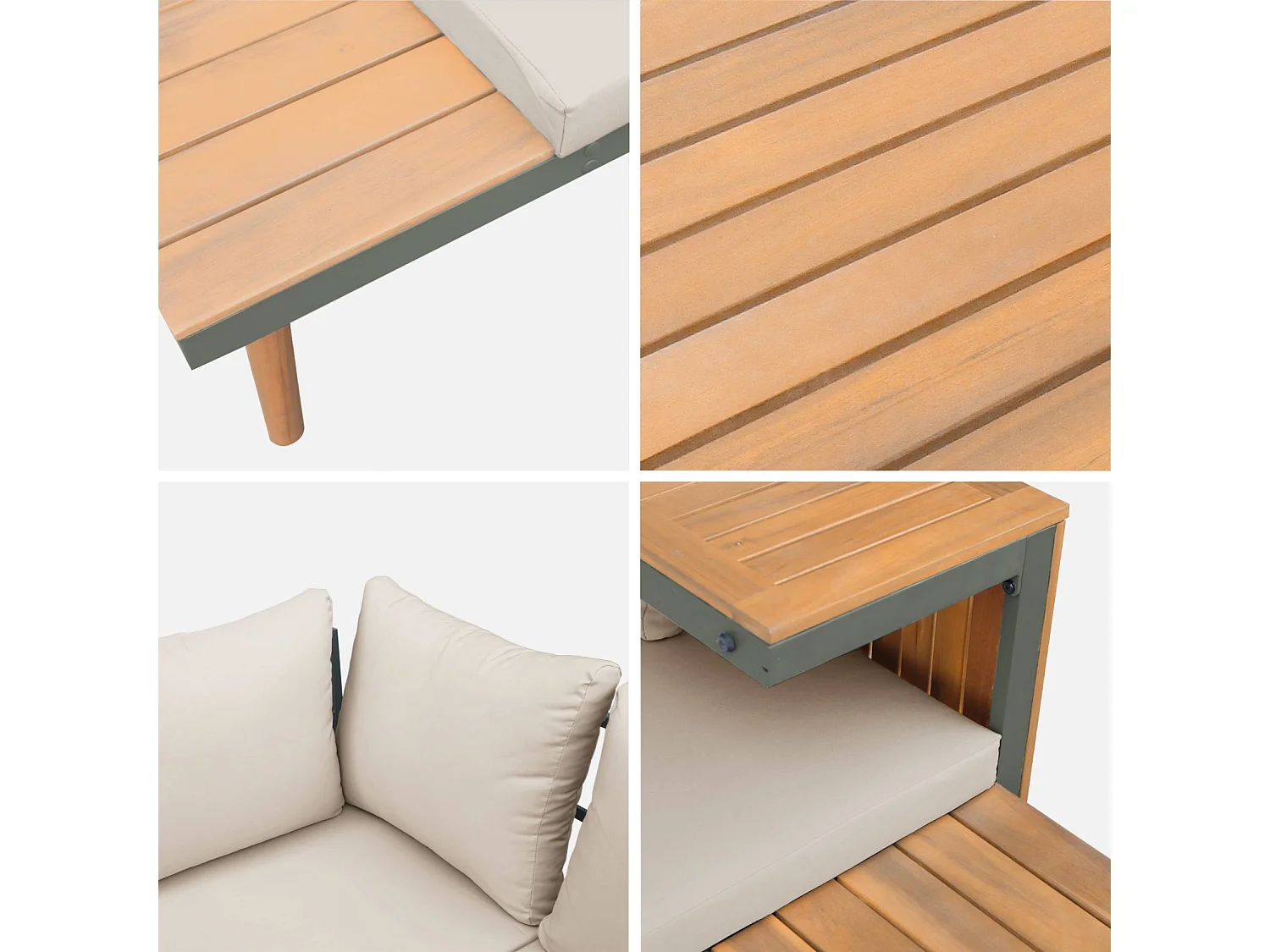 Salon de jardin kaki foncé. modulable en aluminium et bois d'acacia. 4 places. Sao Paulo.140 x 68 x 65cm