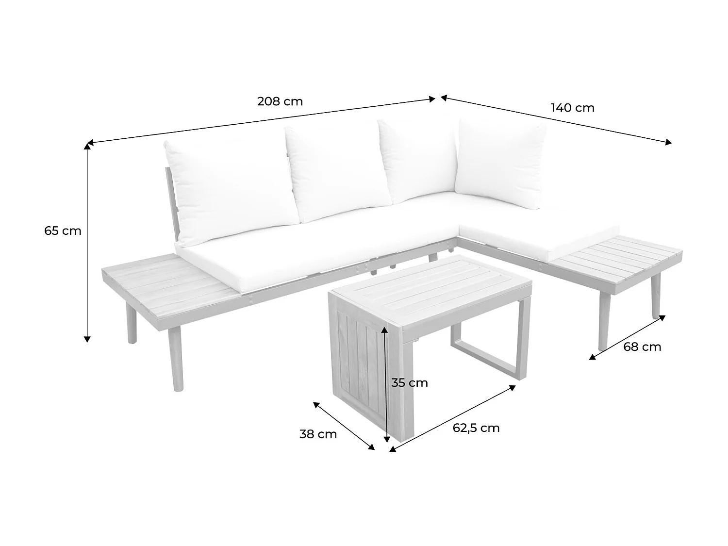 Salon de jardin kaki foncé. modulable en aluminium et bois d'acacia. 4 places. Sao Paulo.140 x 68 x 65cm