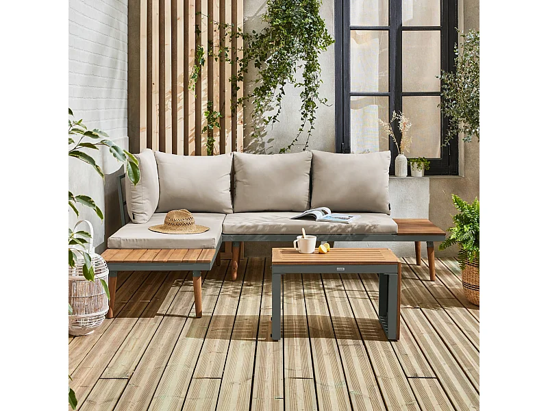 Salotto da giardino in alluminio e acacia,  4 posti, kaki
