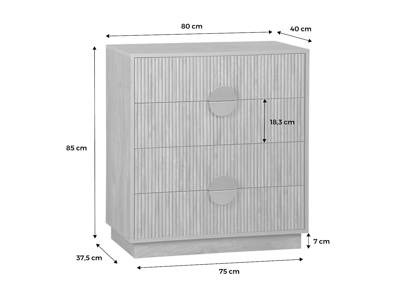 Commode 4 tiroirs décor bois de manguier rainuré. poignées en métal doré. L80 x P40 x H85cm