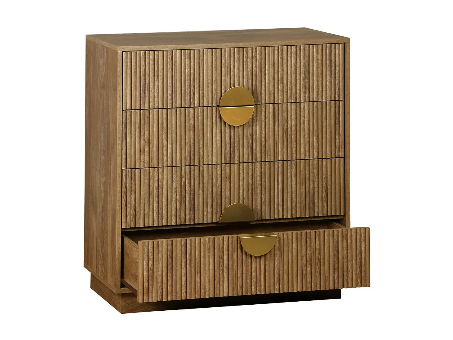 Commode 4 tiroirs décor bois de manguier rainuré. poignées en métal doré. L80 x P40 x H85cm