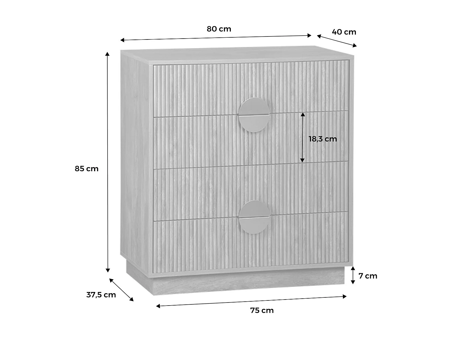 Commode 4 tiroirs décor bois de manguier rainuré. poignées en métal doré. L80 x P40 x H85cm