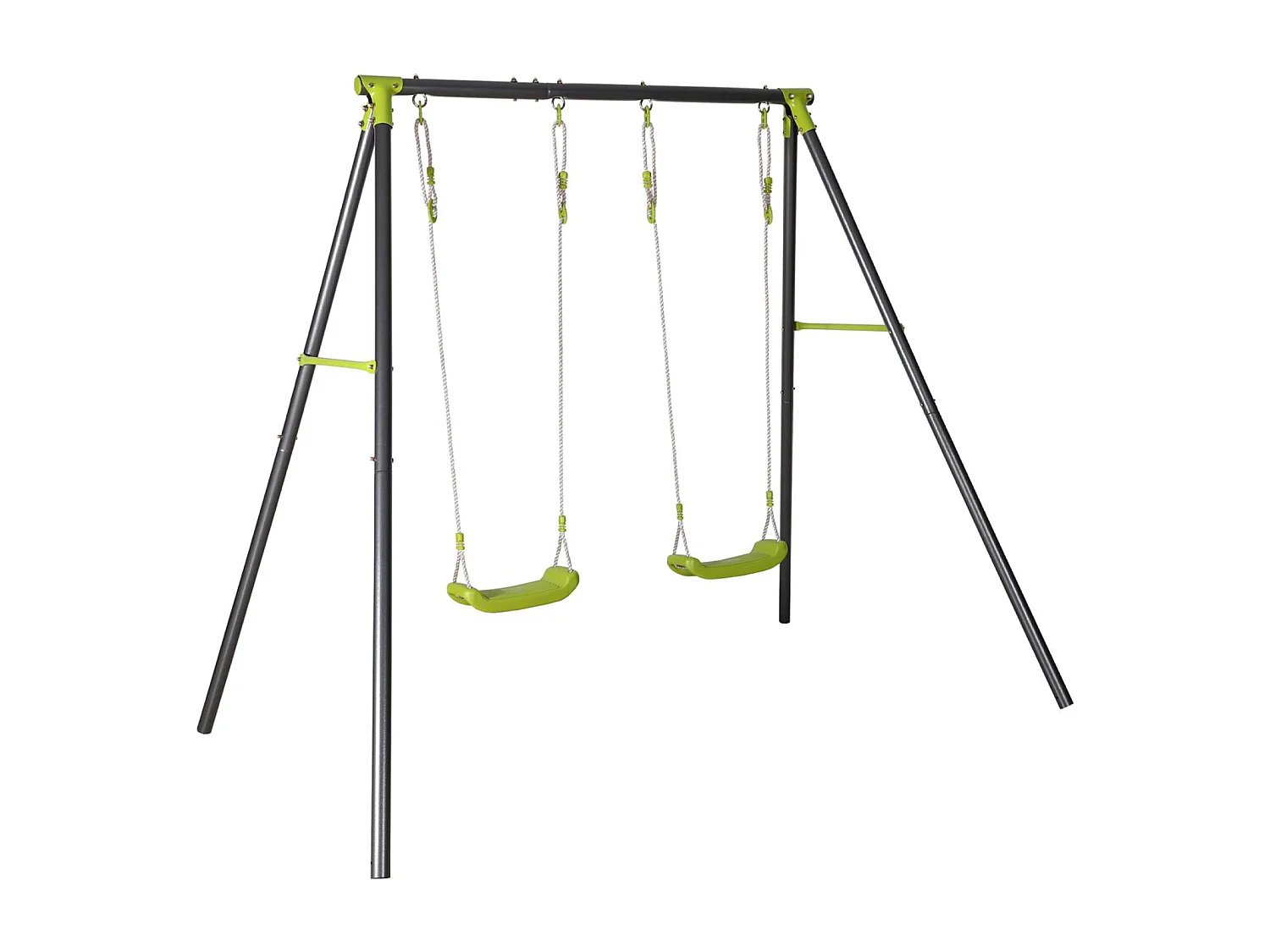 Portique balançoire double en métal BISE. 2 places. noir et vert. acier. L 217 x P 153 x H 195 cm