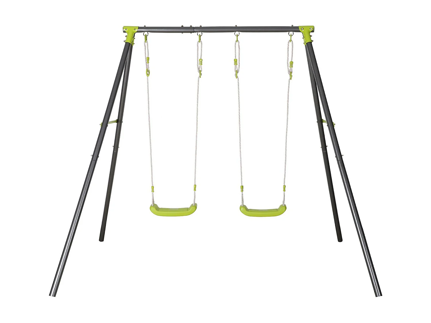 Portique balançoire double en métal BISE. 2 places. noir et vert. acier. L 217 x P 153 x H 195 cm