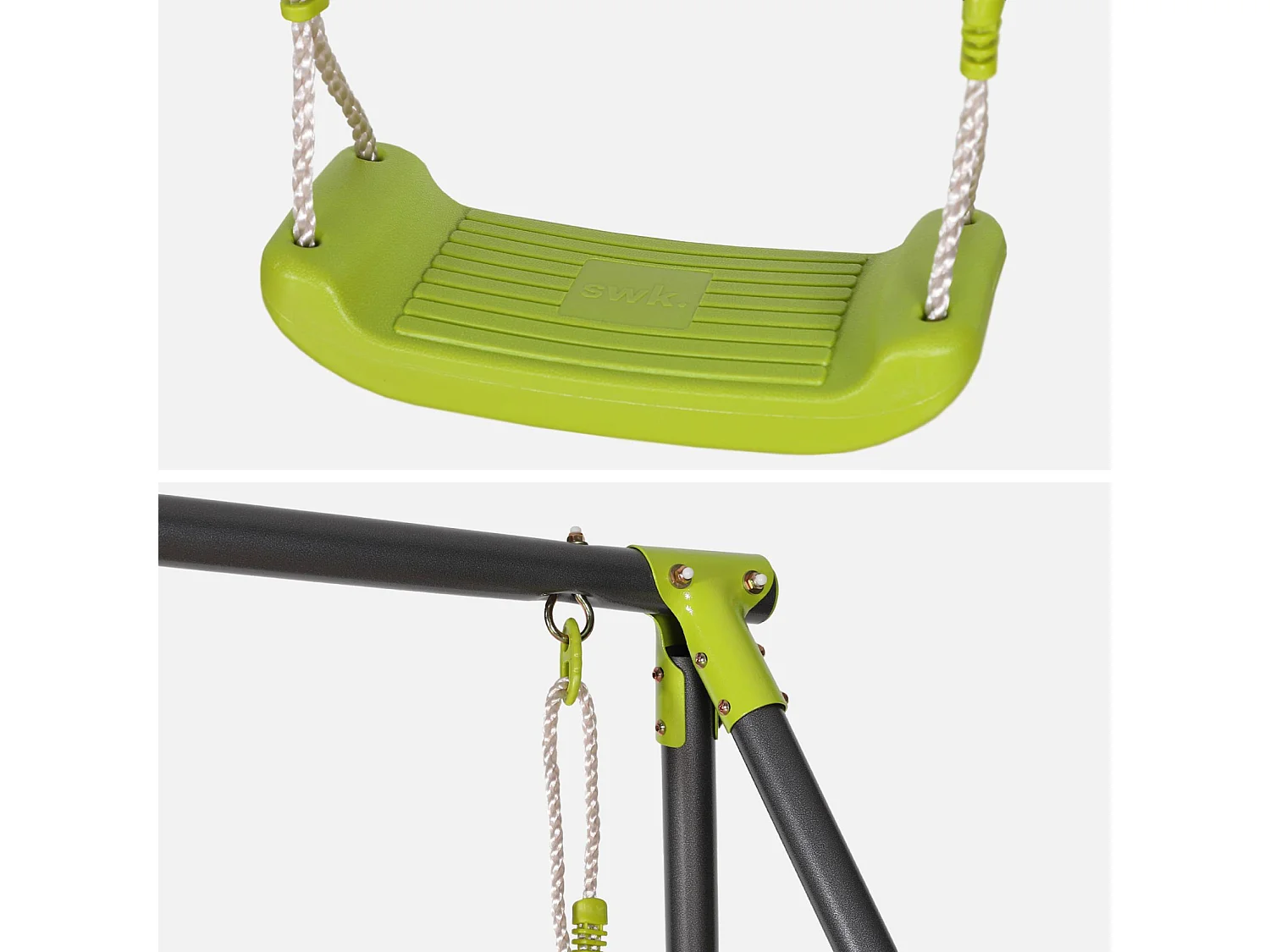 Portique balançoire double en métal BISE. 2 places. noir et vert. acier. L 217 x P 153 x H 195 cm