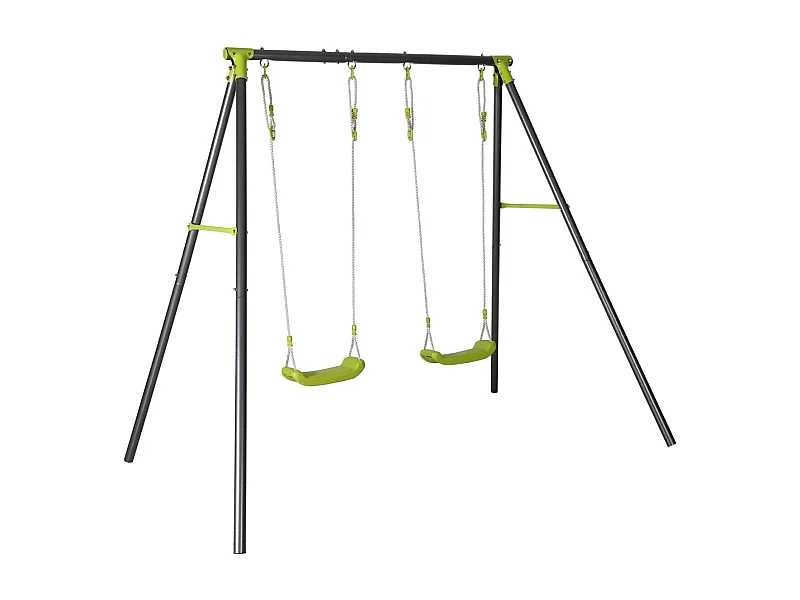 Portique balançoire double en métal BISE. 2 places. noir et vert. acier. L 217 x P 153 x H 195 cm