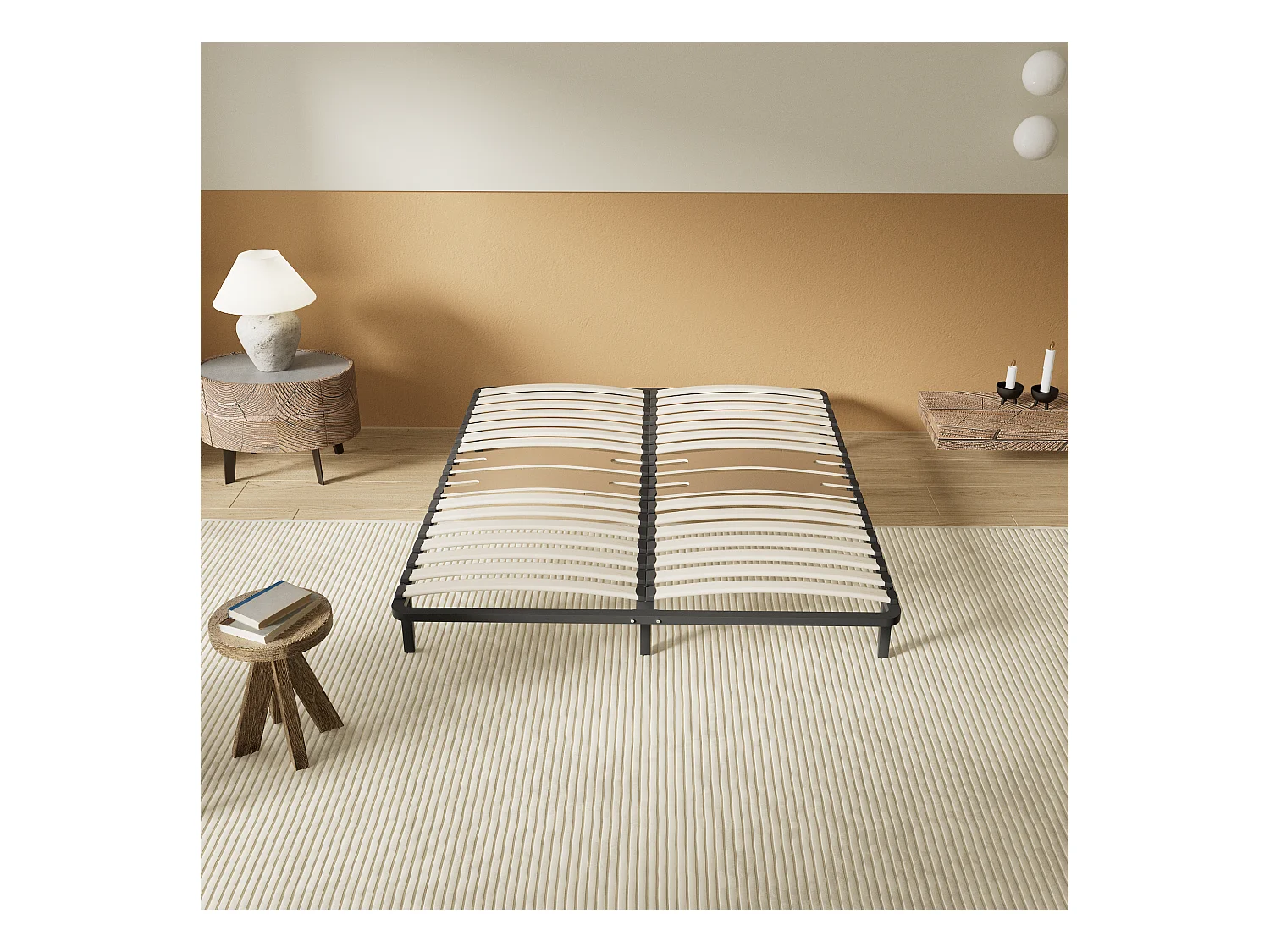 Cadre à lattes en bois 90x200 cm – cadre en acier et lattes en bois – 7 pieds hauteur 25cm – renfort lombaire