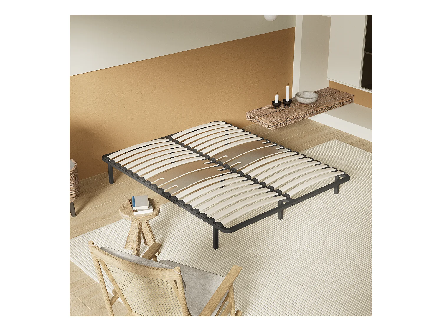 Cadre à lattes en bois 90x200 cm – cadre en acier et lattes en bois – 7 pieds hauteur 25cm – renfort lombaire