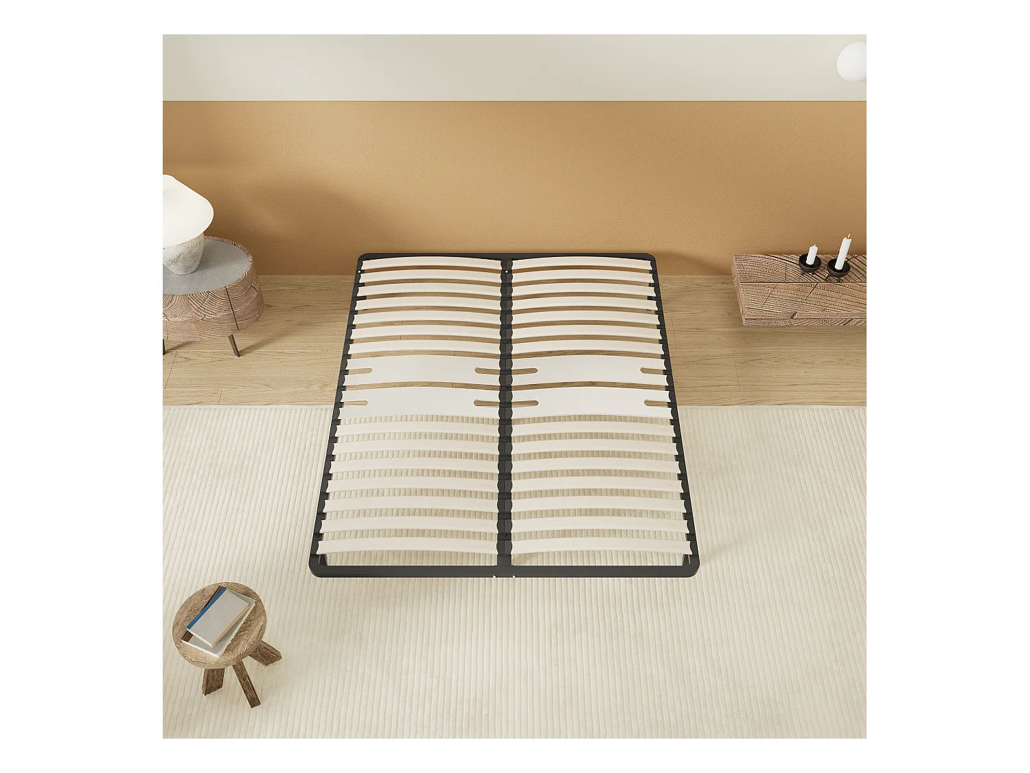 Cadre à lattes en bois 90x200 cm – cadre en acier et lattes en bois – 7 pieds hauteur 25cm – renfort lombaire