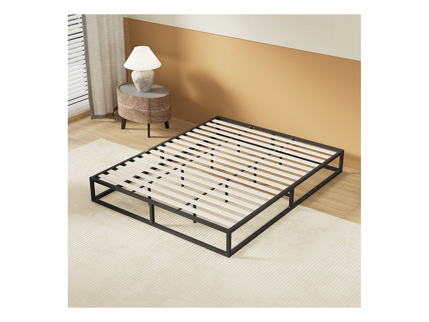 Lit 140x200 cm, cadre en acier, lattes en bois