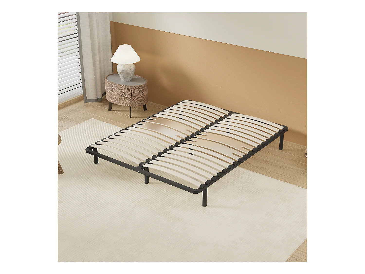 Cadre à lattes en bois 140x200 cm – cadre en acier et lattes en bois – 7 pieds hauteur 25cm – renfort lombaire