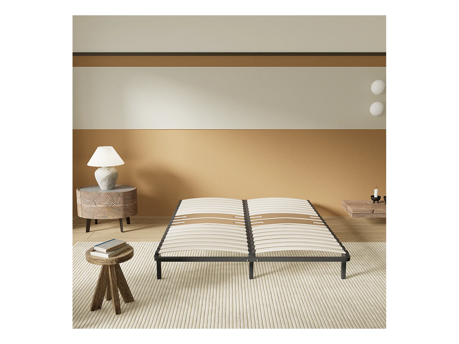 Cadre à lattes en bois 140x200 cm – cadre en acier et lattes en bois – 7 pieds hauteur 25cm – renfort lombaire