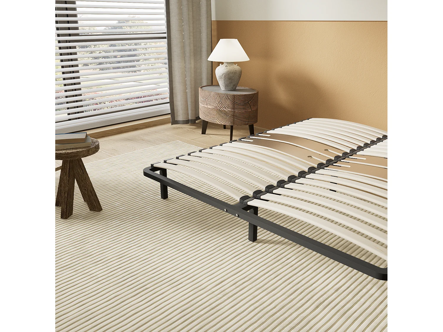 Cadre à lattes en bois 140x200 cm – cadre en acier et lattes en bois – 7 pieds hauteur 25cm – renfort lombaire