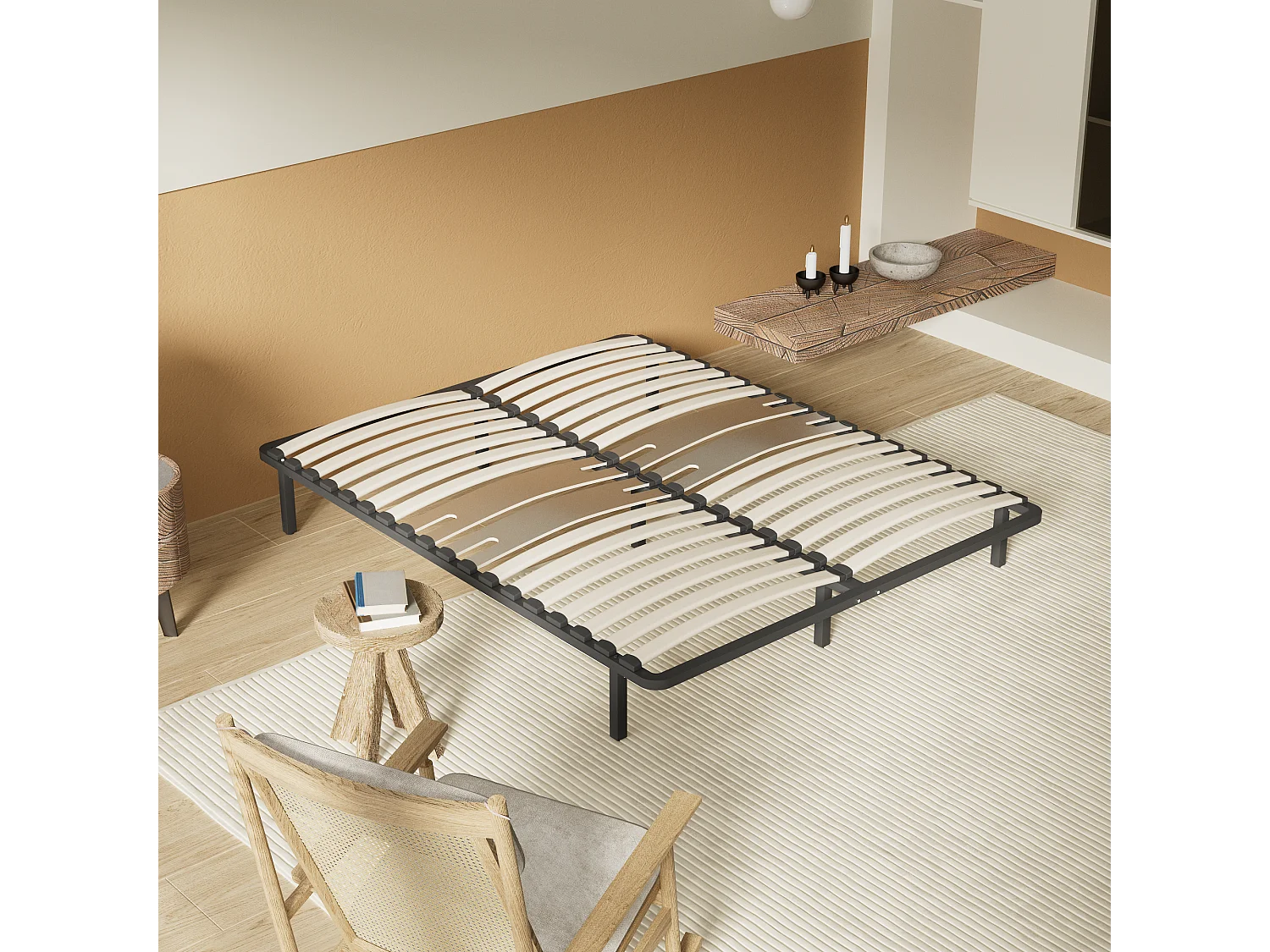 Cadre à lattes en bois 140x200 cm – cadre en acier et lattes en bois – 7 pieds hauteur 25cm – renfort lombaire