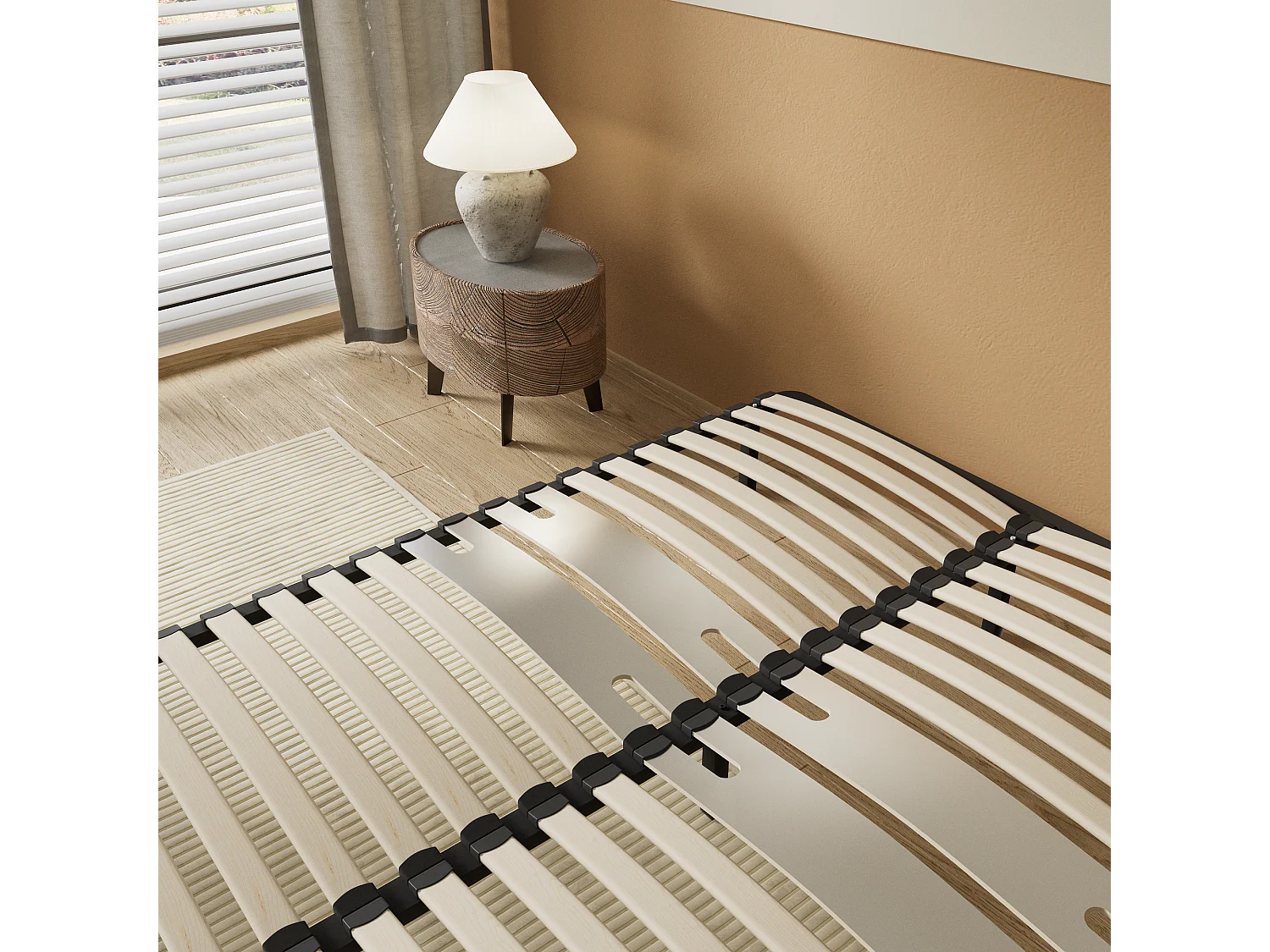 Cadre à lattes en bois 140x200 cm – cadre en acier et lattes en bois – 7 pieds hauteur 25cm – renfort lombaire