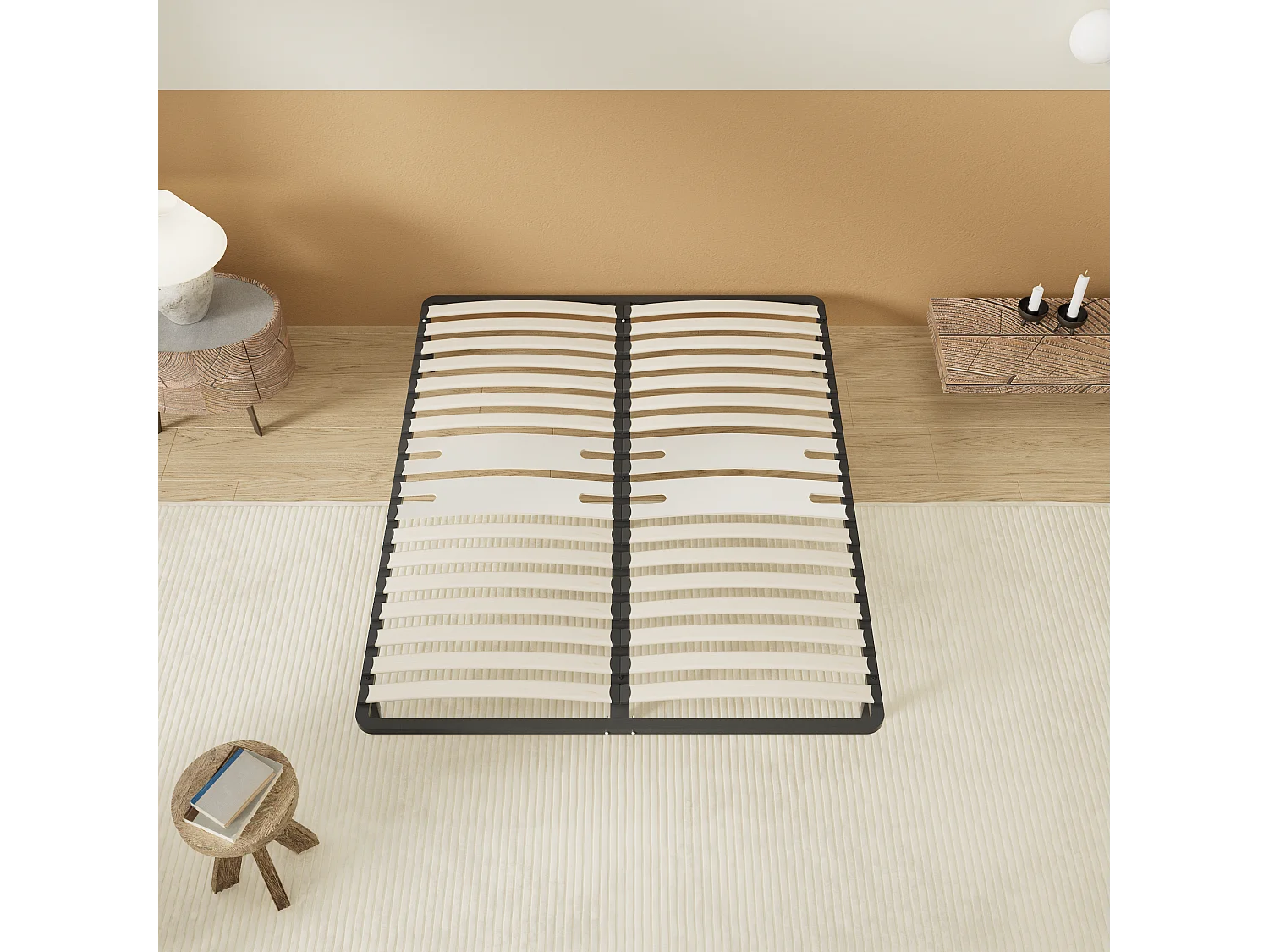 Cadre à lattes en bois 140x200 cm – cadre en acier et lattes en bois – 7 pieds hauteur 25cm – renfort lombaire