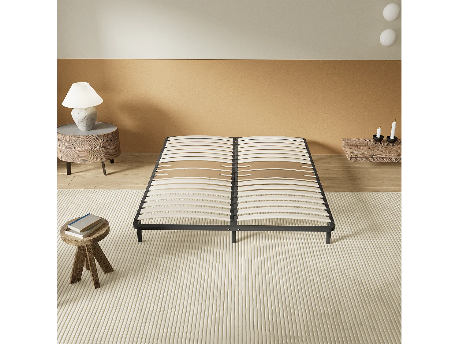Cadre à lattes en bois 140x200 cm – cadre en acier et lattes en bois – 7 pieds hauteur 25cm – renfort lombaire
