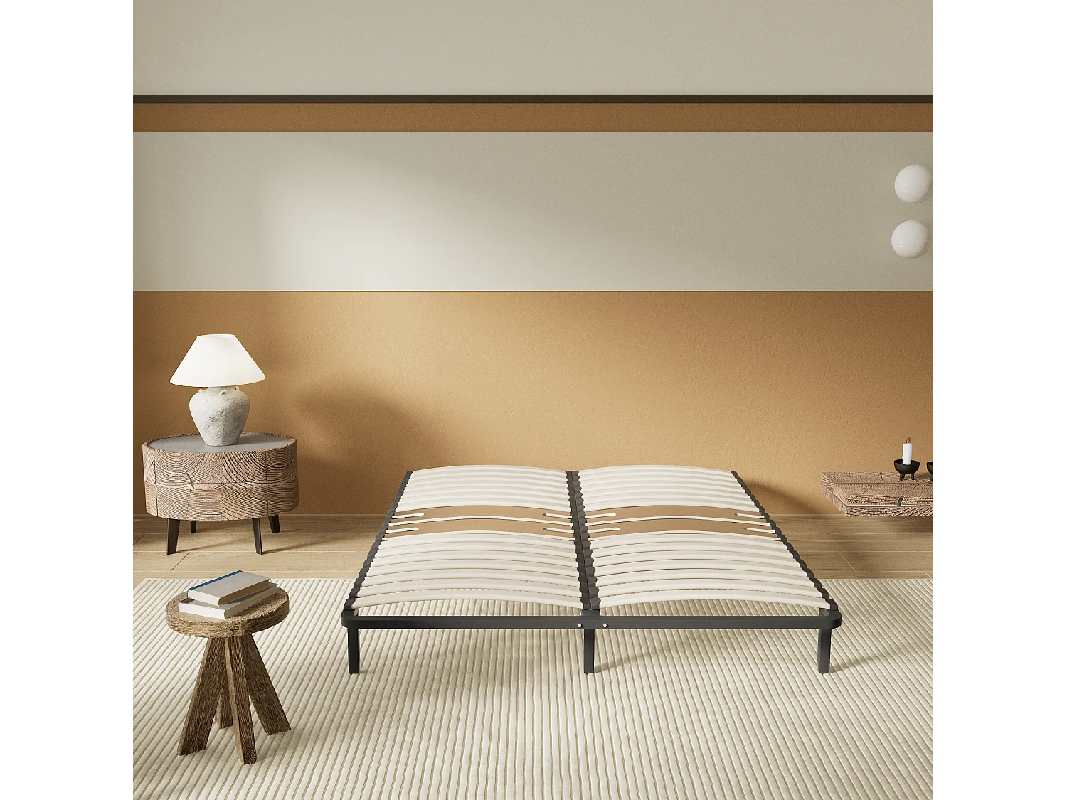 Cadre à lattes en bois 140x200 cm – cadre en acier et lattes en bois – 7 pieds hauteur 25cm – renfort lombaire