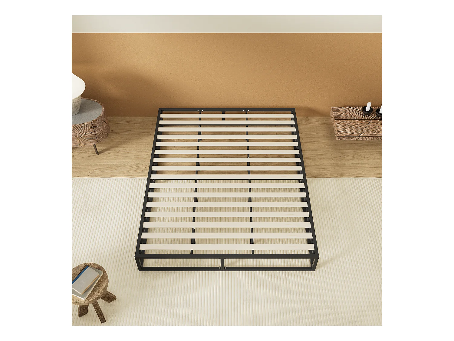 Lit 160x200 cm, cadre en acier, lattes en bois