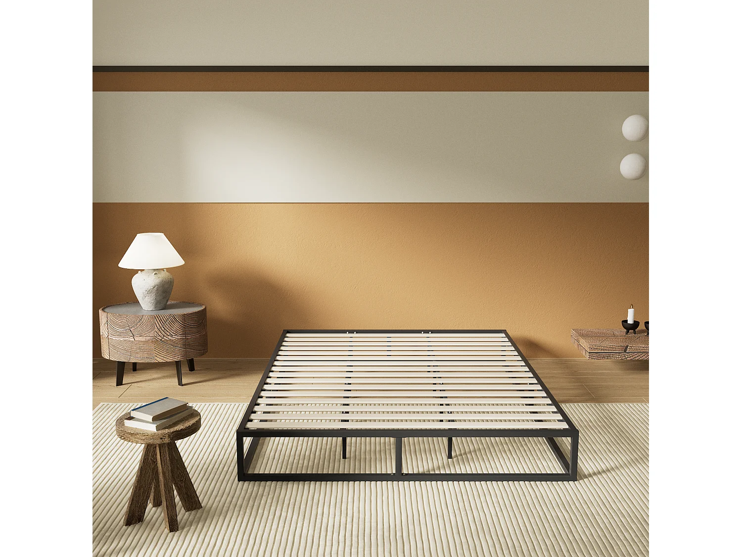 Lit 160x200 cm, cadre en acier, lattes en bois