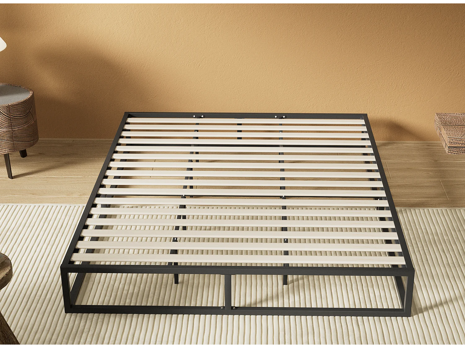 Lit 90x190 cm, cadre en acier, lattes en bois