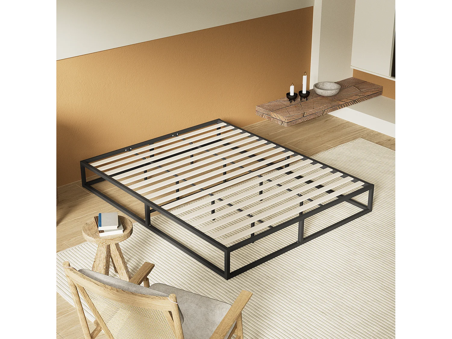 Lit 90x190 cm, cadre en acier, lattes en bois