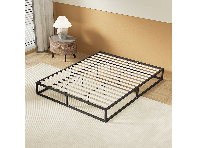 Lit 90x190 cm, cadre en acier, lattes en bois