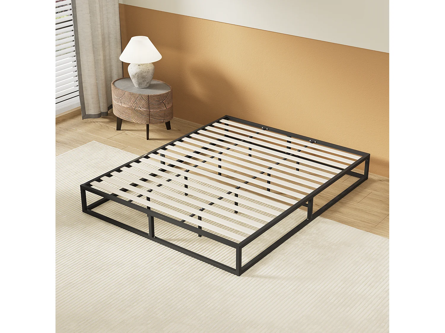 Lit 140x190 cm, cadre en acier, lattes en bois