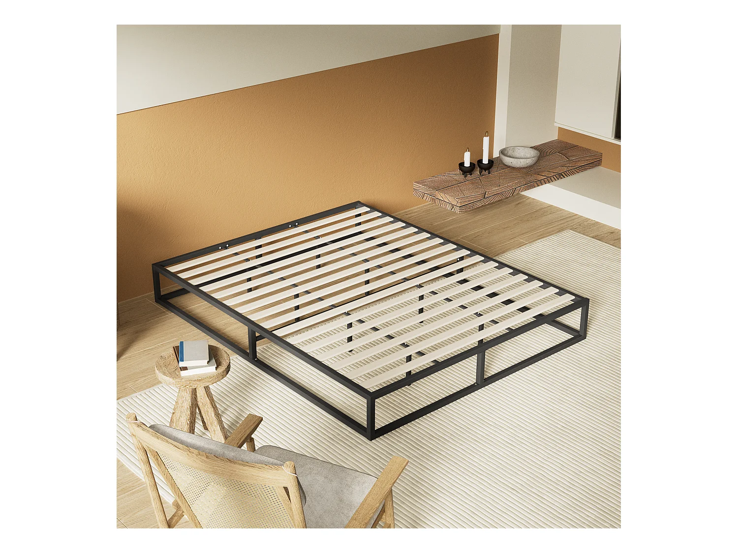 Lit 140x190 cm, cadre en acier, lattes en bois