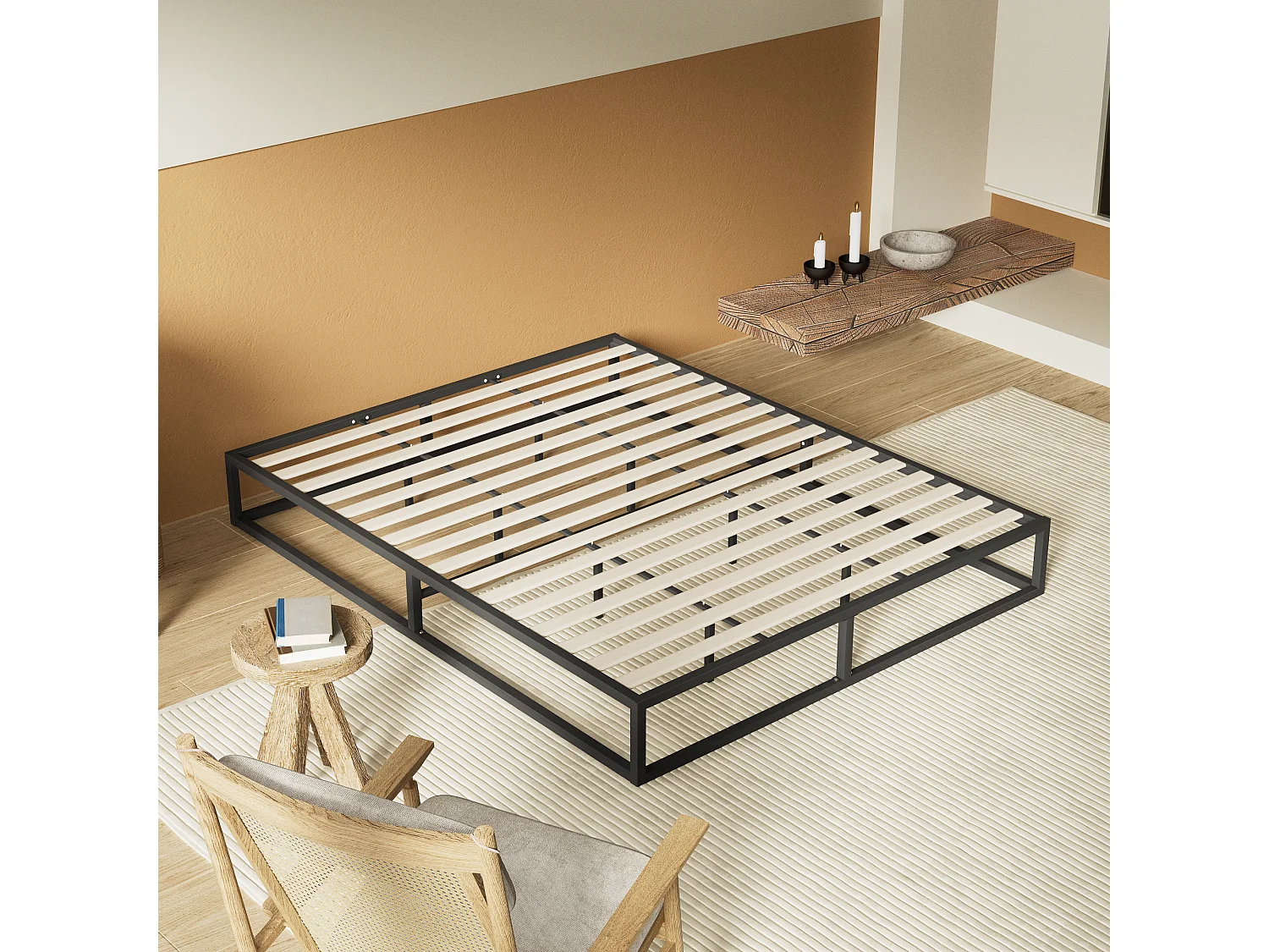 Lit 140x190 cm, cadre en acier, lattes en bois