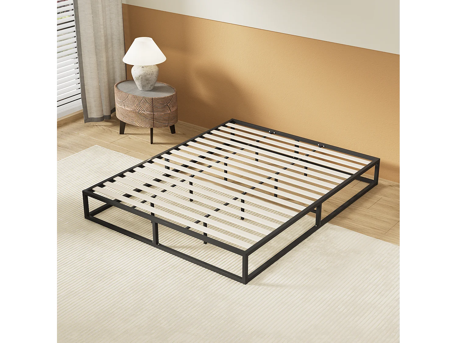 Lit 140x190 cm, cadre en acier, lattes en bois