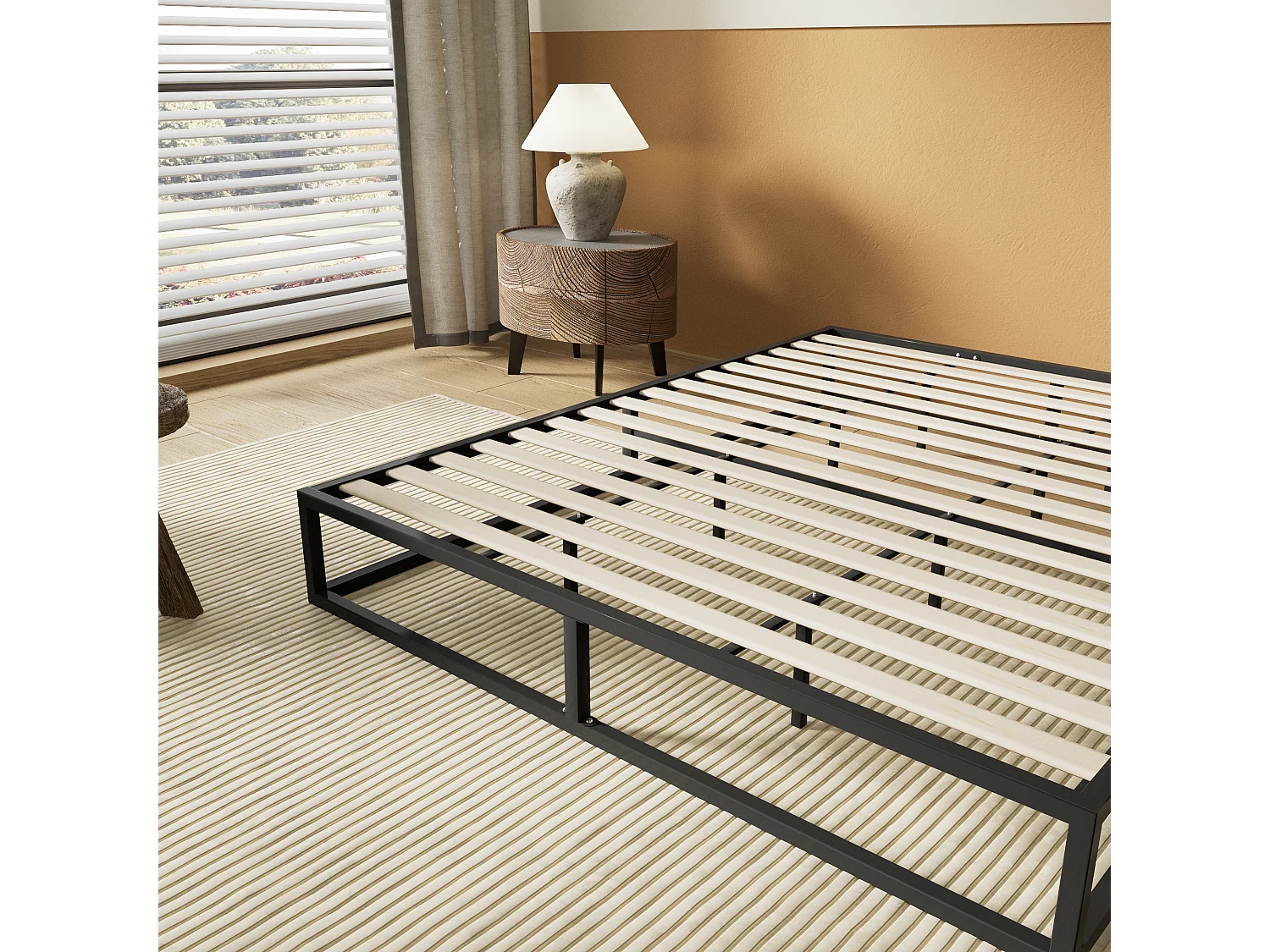 Lit 140x190 cm, cadre en acier, lattes en bois