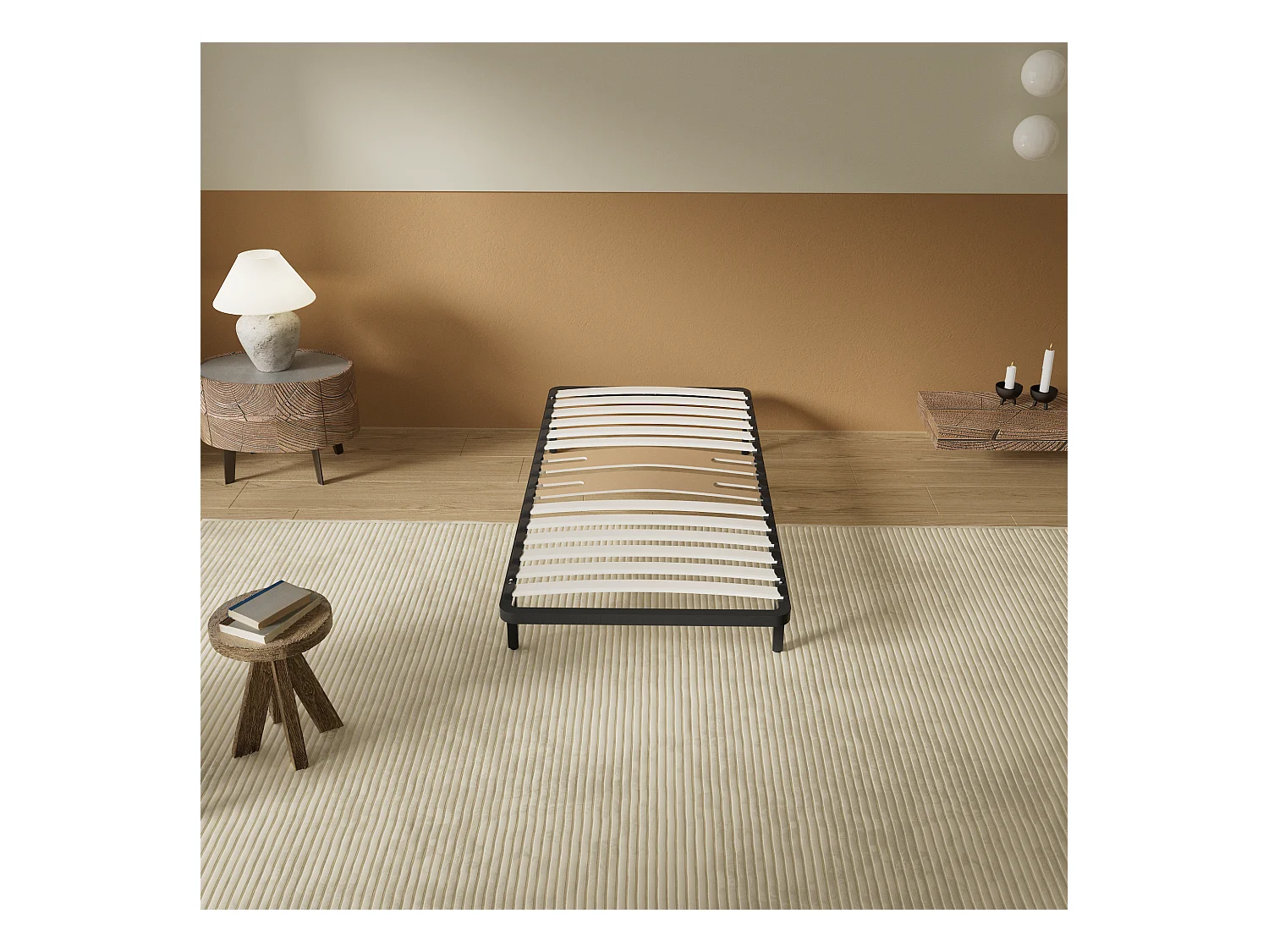 Cadre à lattes en bois 160x200 cm – cadre en acier et lattes en bois – 7 pieds hauteur 25cm – renfort lombaire