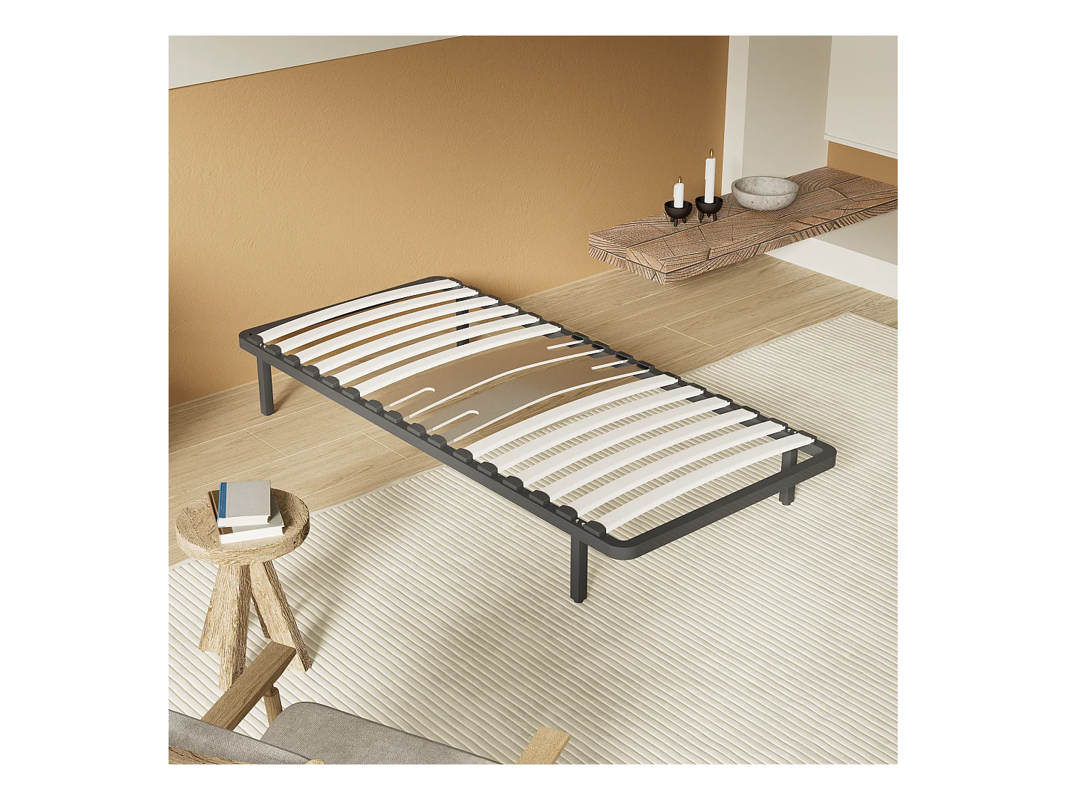 Cadre à lattes en bois 160x200 cm – cadre en acier et lattes en bois – 7 pieds hauteur 25cm – renfort lombaire