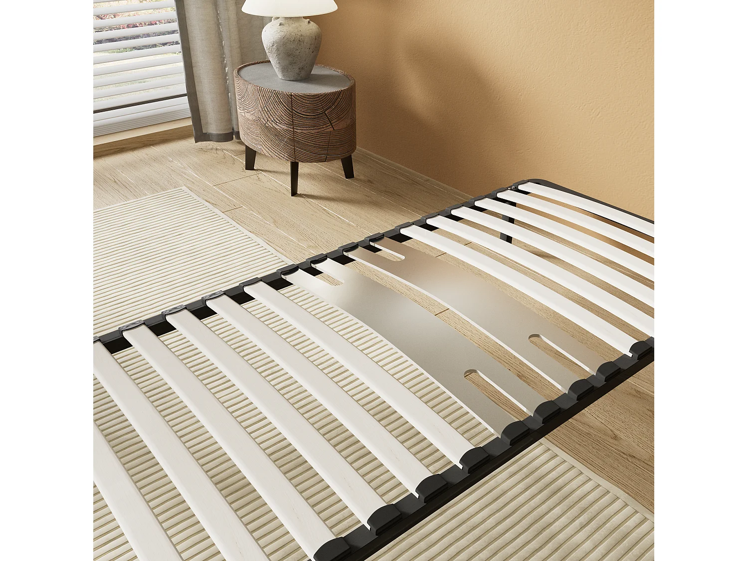 Cadre à lattes en bois 160x200 cm – cadre en acier et lattes en bois – 7 pieds hauteur 25cm – renfort lombaire