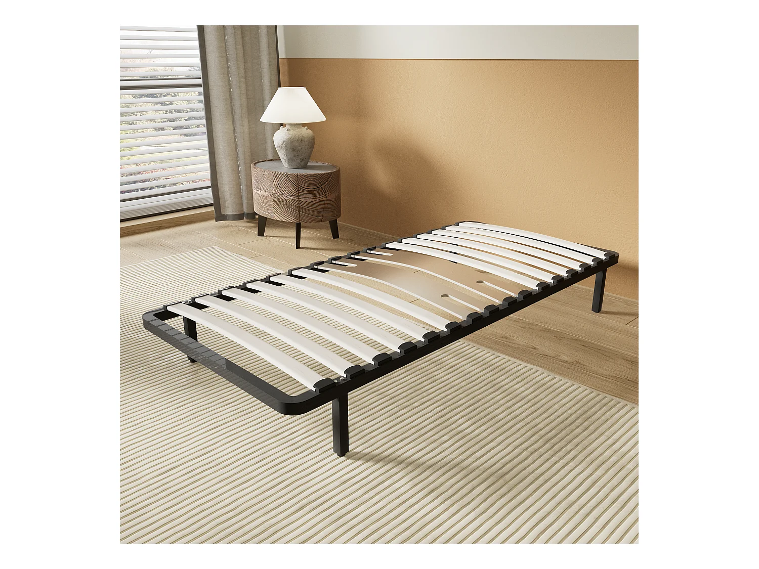 Cadre à lattes en bois 160x200 cm – cadre en acier et lattes en bois – 7 pieds hauteur 25cm – renfort lombaire