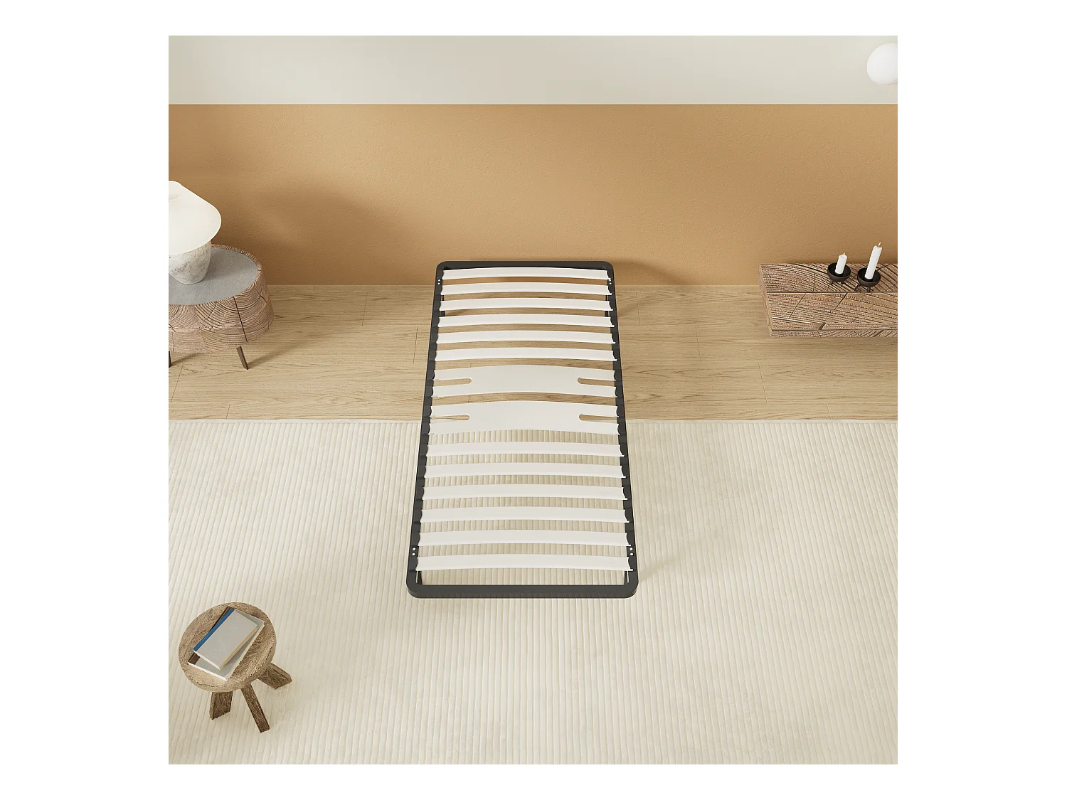 Cadre à lattes en bois 160x200 cm – cadre en acier et lattes en bois – 7 pieds hauteur 25cm – renfort lombaire