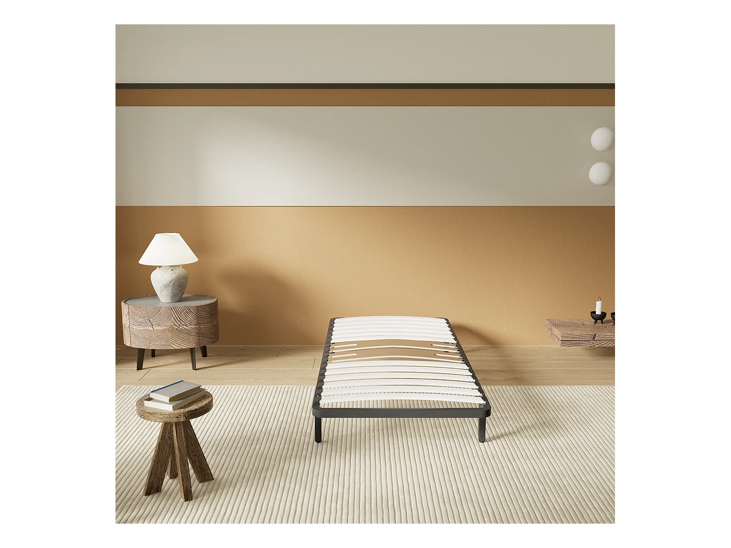 Cadre à lattes en bois 160x200 cm – cadre en acier et lattes en bois – 7 pieds hauteur 25cm – renfort lombaire