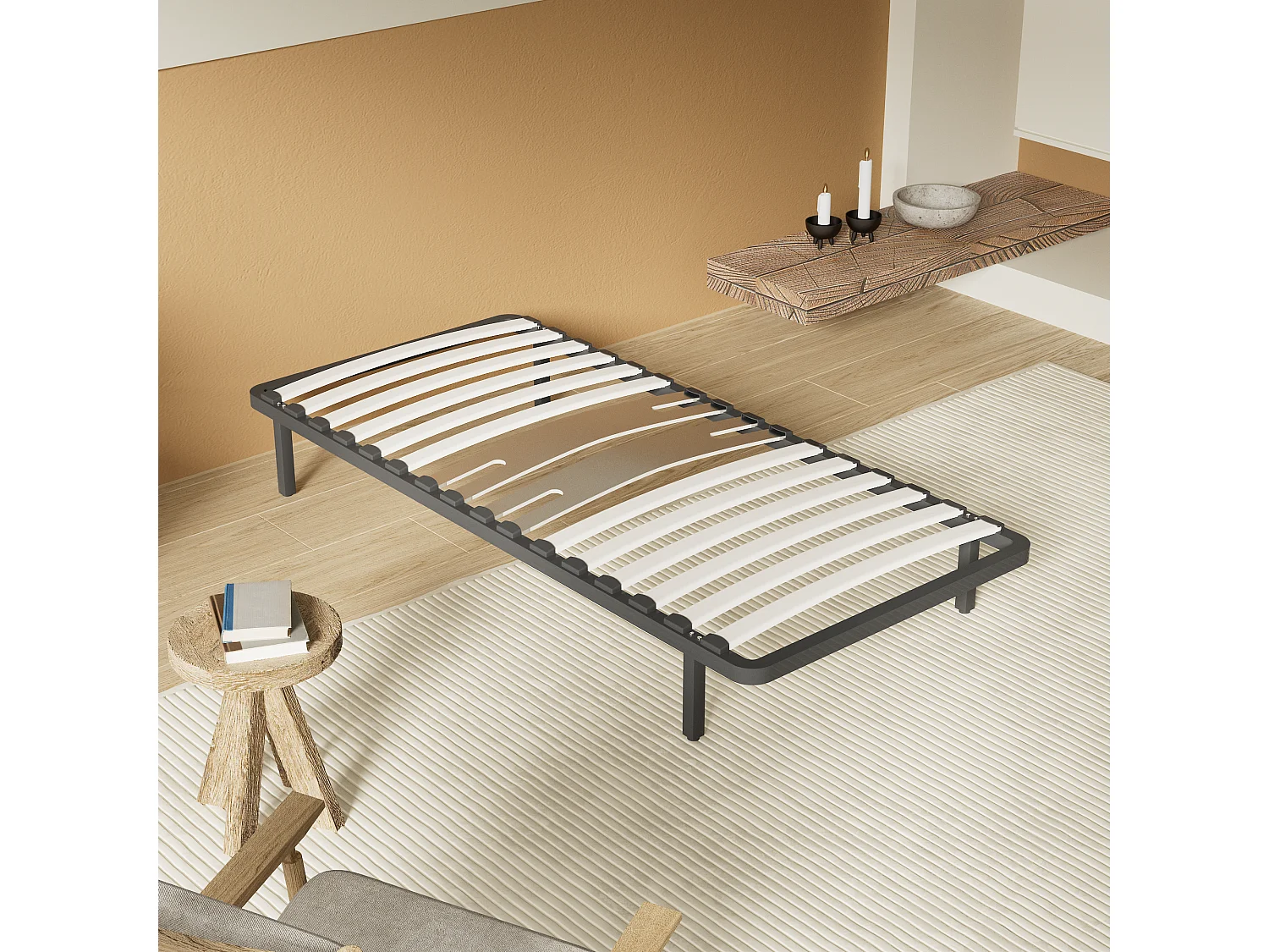 Cadre à lattes en bois 160x200 cm – cadre en acier et lattes en bois – 7 pieds hauteur 25cm – renfort lombaire