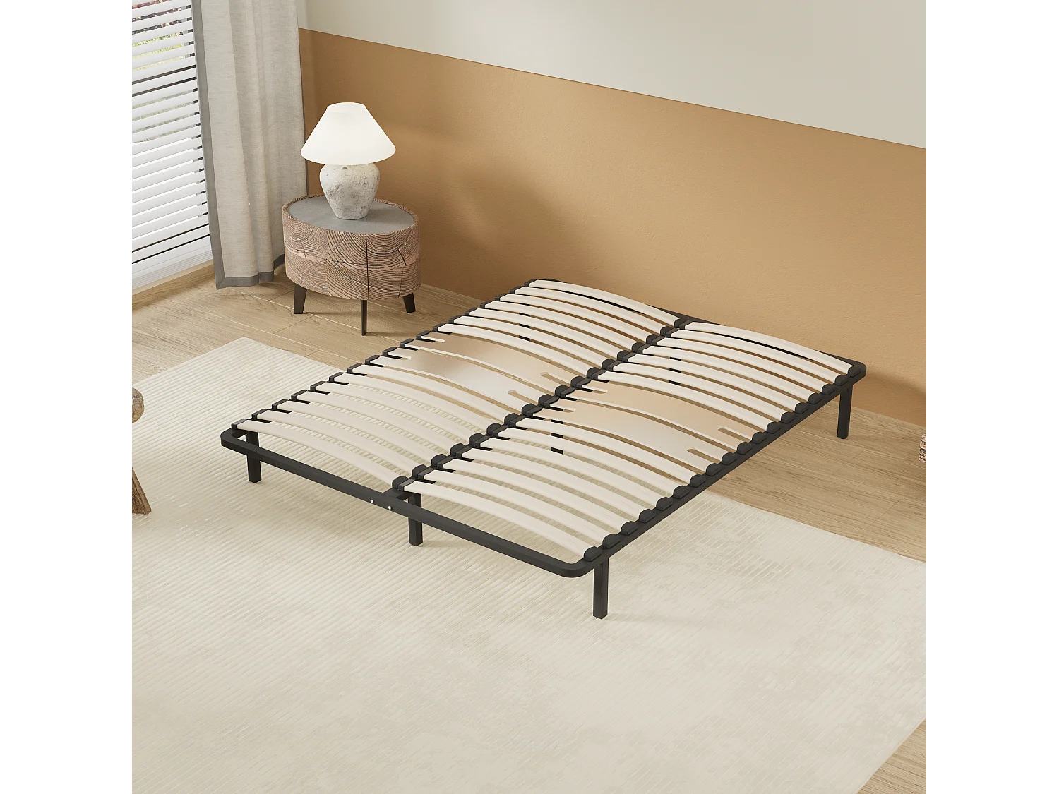 Cadre à lattes en bois 160x200 cm – cadre en acier et lattes en bois – 7 pieds hauteur 25cm – renfort lombaire