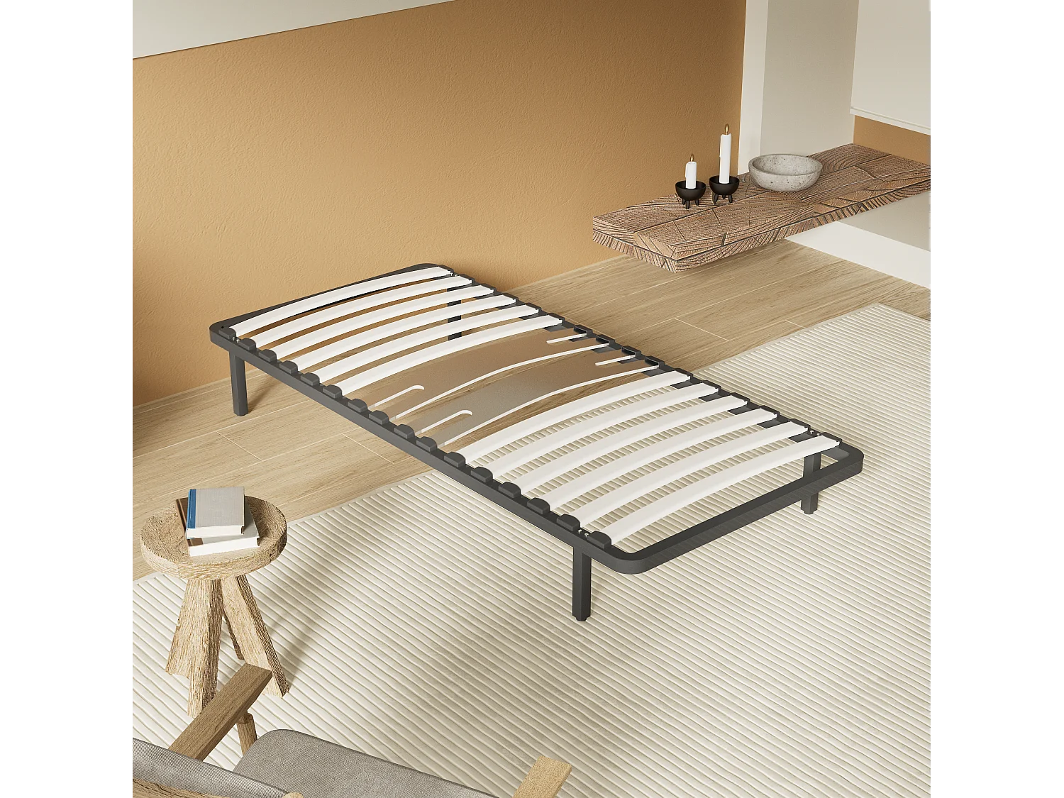 Cadre à lattes en bois 160x200 cm – cadre en acier et lattes en bois – 7 pieds hauteur 25cm – renfort lombaire