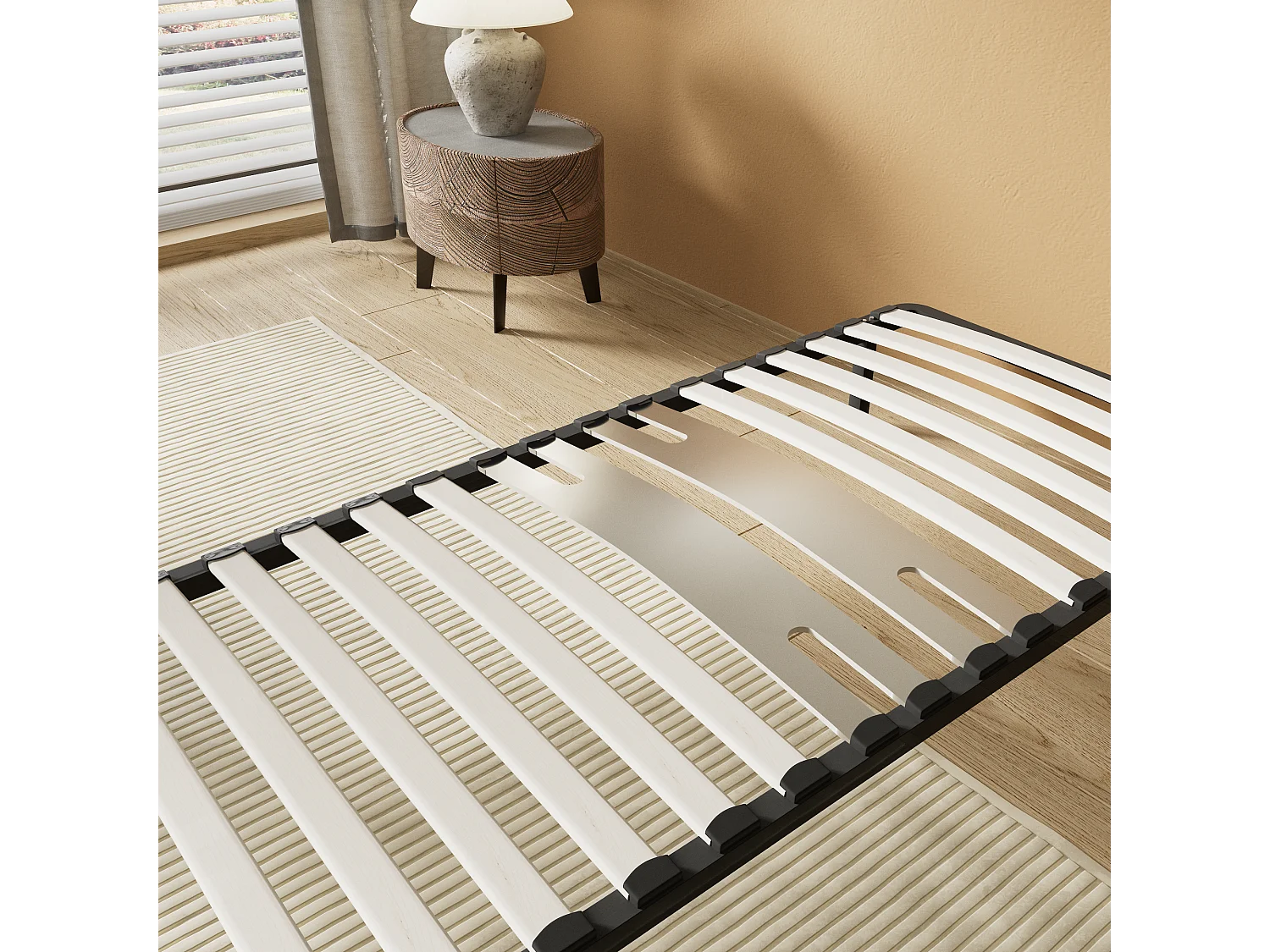 Cadre à lattes en bois 160x200 cm – cadre en acier et lattes en bois – 7 pieds hauteur 25cm – renfort lombaire