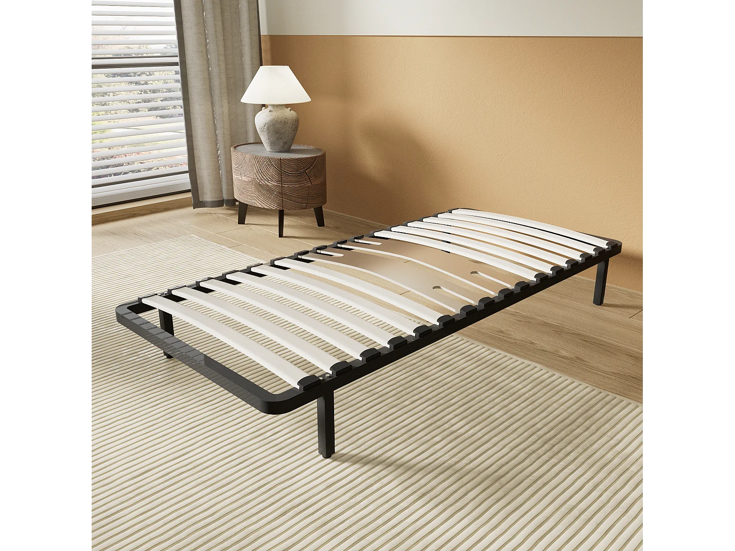 Cadre à lattes en bois 160x200 cm – cadre en acier et lattes en bois – 7 pieds hauteur 25cm – renfort lombaire