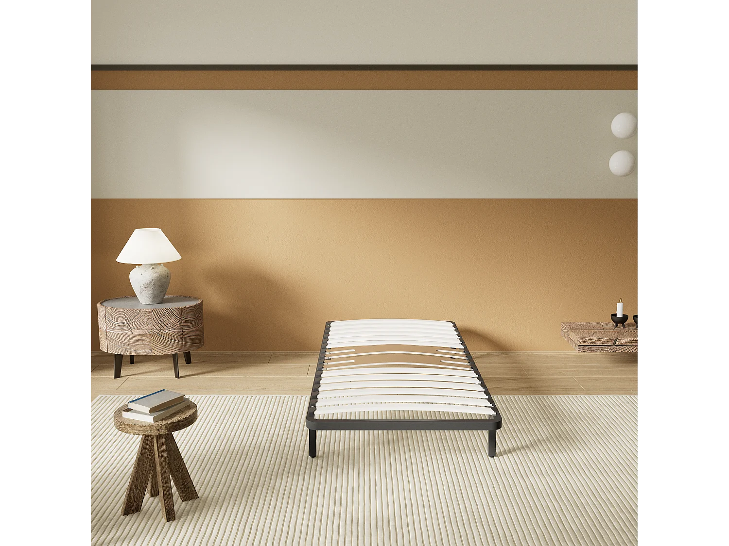 Cadre à lattes en bois 160x200 cm – cadre en acier et lattes en bois – 7 pieds hauteur 25cm – renfort lombaire