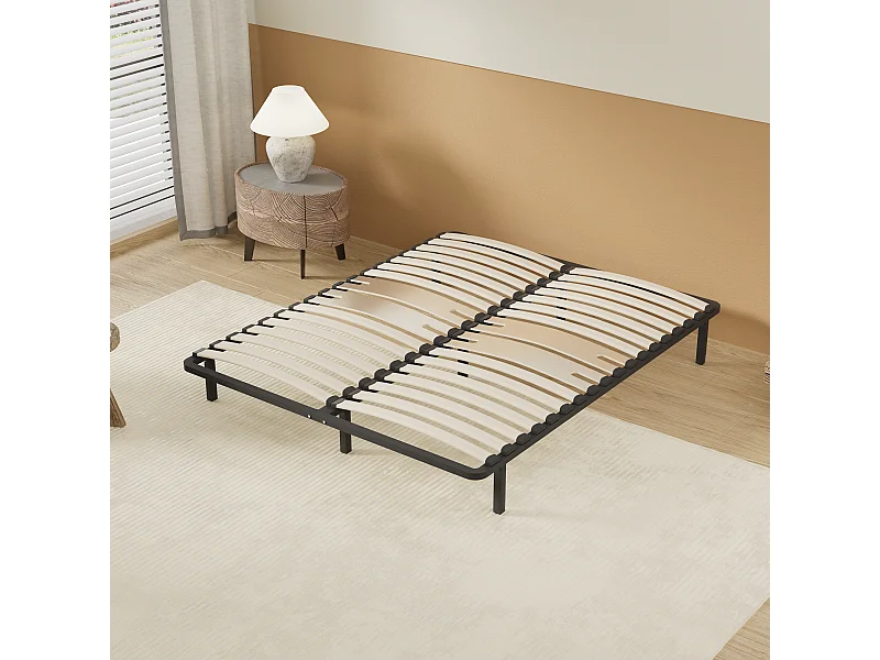 Cadre à lattes en bois 160x200 cm – cadre en acier et lattes en bois – 7 pieds hauteur 25cm – renfort lombaire